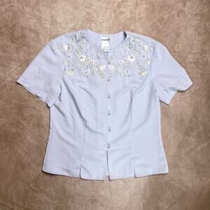 Vintage 90s Liz Baker Floral Embroidered Blouse Pastel Purple Pearlescent Beaded